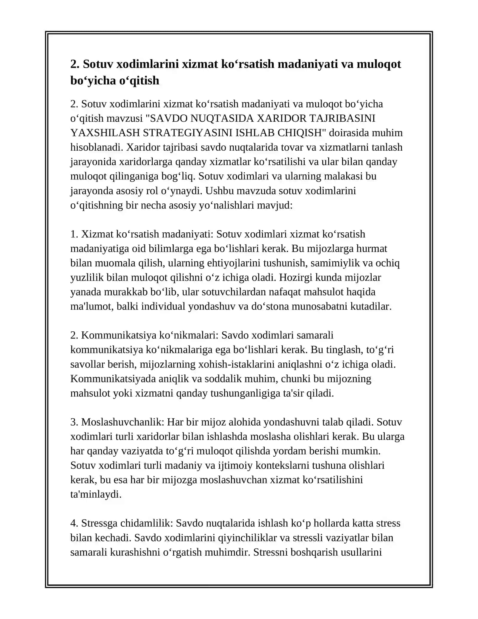 SAVDO NUQTASIDA XARIDOR TAJRIBASINI YAXSHILASH STRATEGIYASINI ISHLAB CHIQISH 4