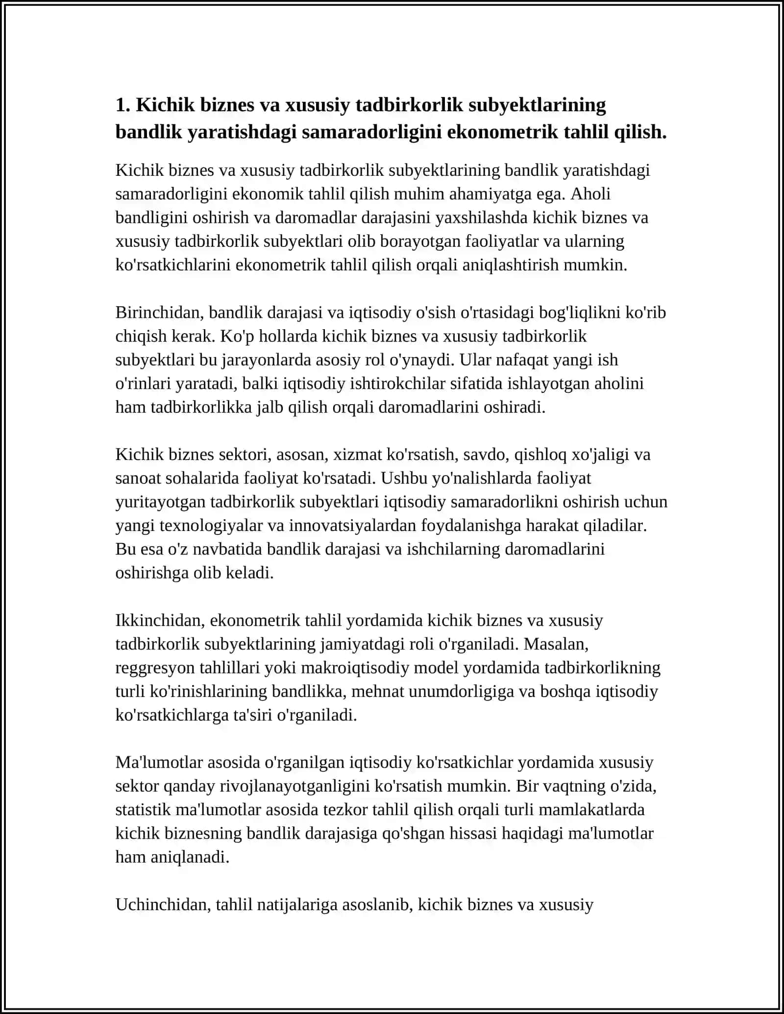 AHOLI BANDLIGI VA DAROMADLARINI OSHIRISHDA KICHIK BIZNES VA XUSUSIY TADBIRKORLIK SUB'EKTLARI KO‘RSATKICHLARINI EKONOMETRIK TAHLIL QILISH 4