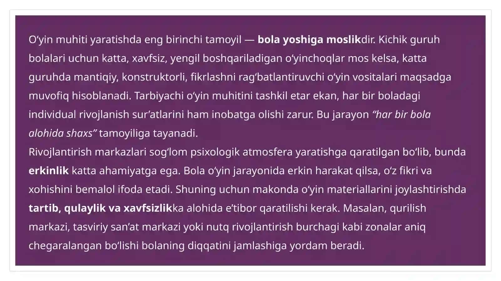 Rivojlantirish markazlarida o‘yin va o‘yin muhitini tashkil etishning asosiy tamoyillari 4