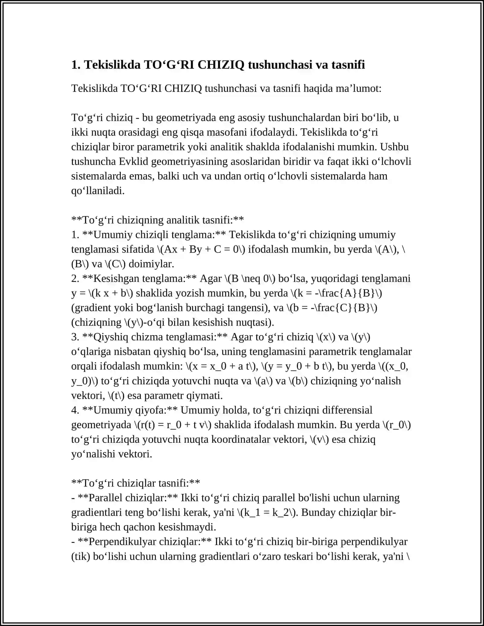 TEKISLIKDA TOʻGʻRI CHIZIQQA DOIR ASOSIY MASALALAR 4