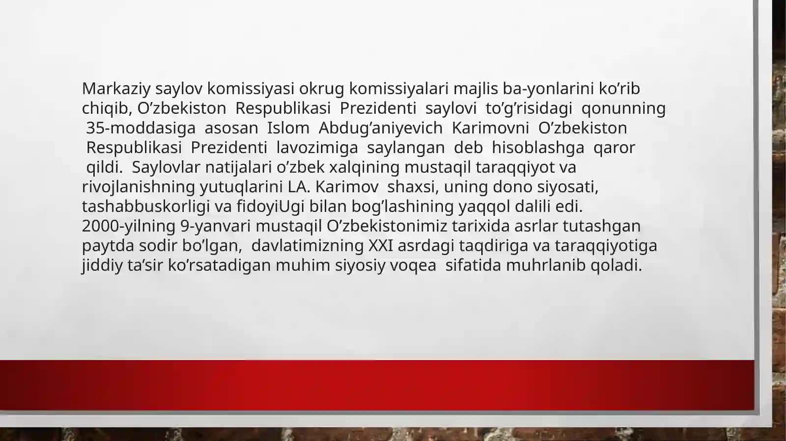 Mustaqil o’zbekiston davlati  yuzaga kelishda  va mustahkamlanishi i.Karimovning tutgan o’rni 4
