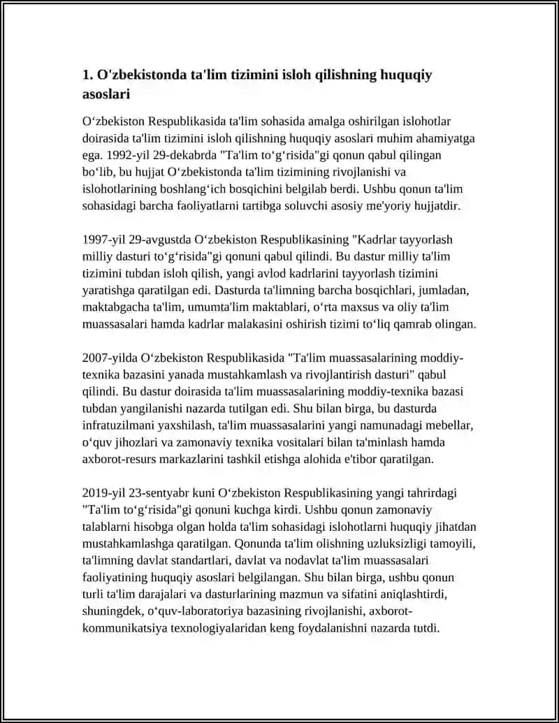 O'ZBEKISTON RESPUBLIKASIDA TA'LIM SOHASIDA AMALGA OSHIRILGAN ISLOHOTLAR 4