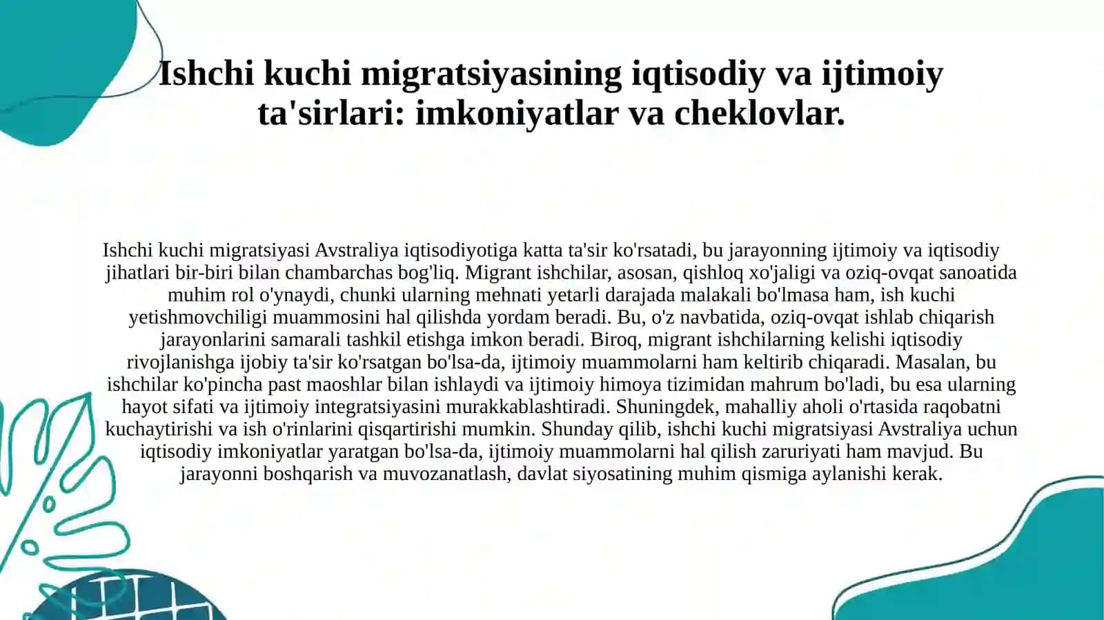 Avstraliya  davlatining oziq-ovqat muammosi, ishchi kuchi migratsiyasi va migratsiya  jarayonlaridagi muammolar tahlili 4