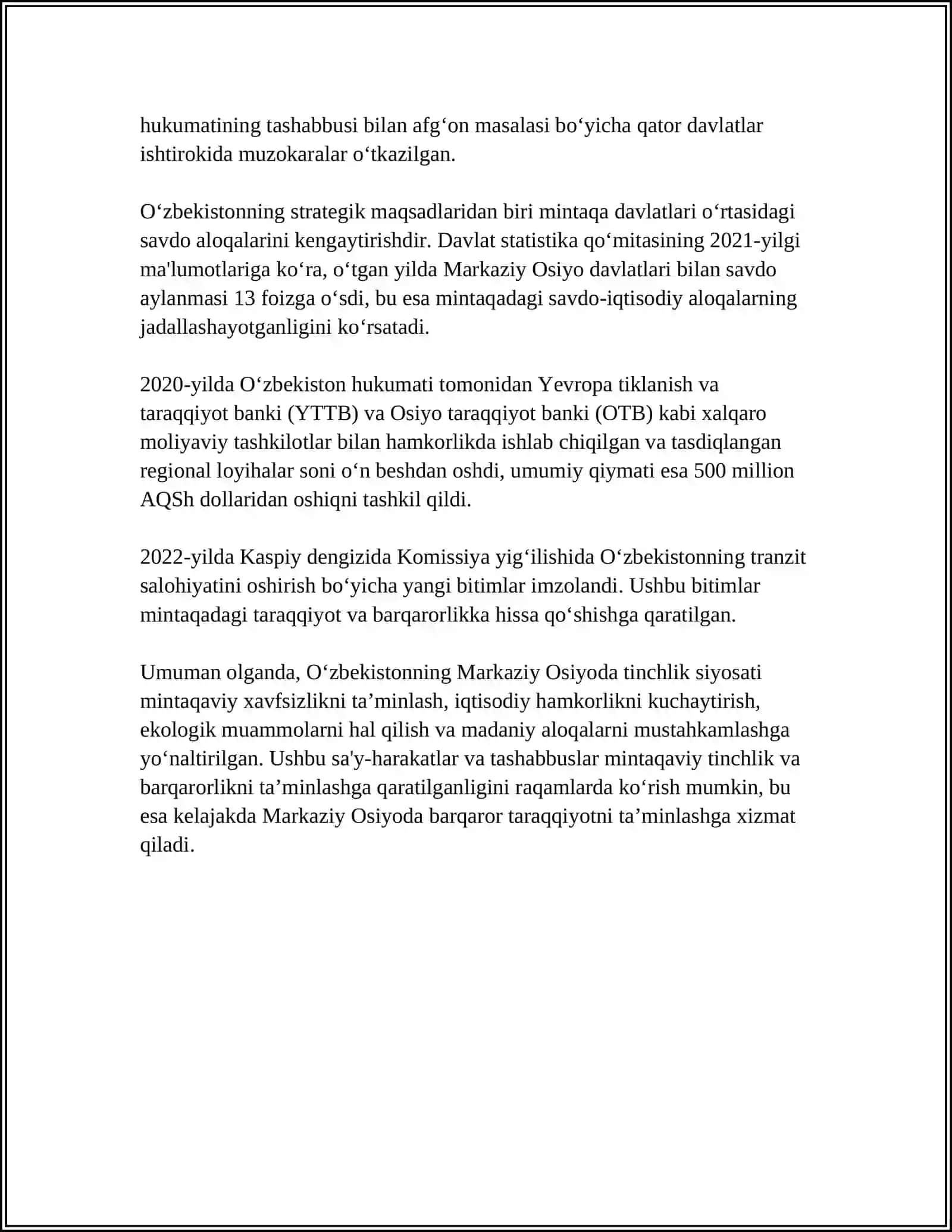 O'zbekistonning Markaziy Osiyoda Tinchlik va Barqarorlikni Ta'minlashdagi O'rni 4