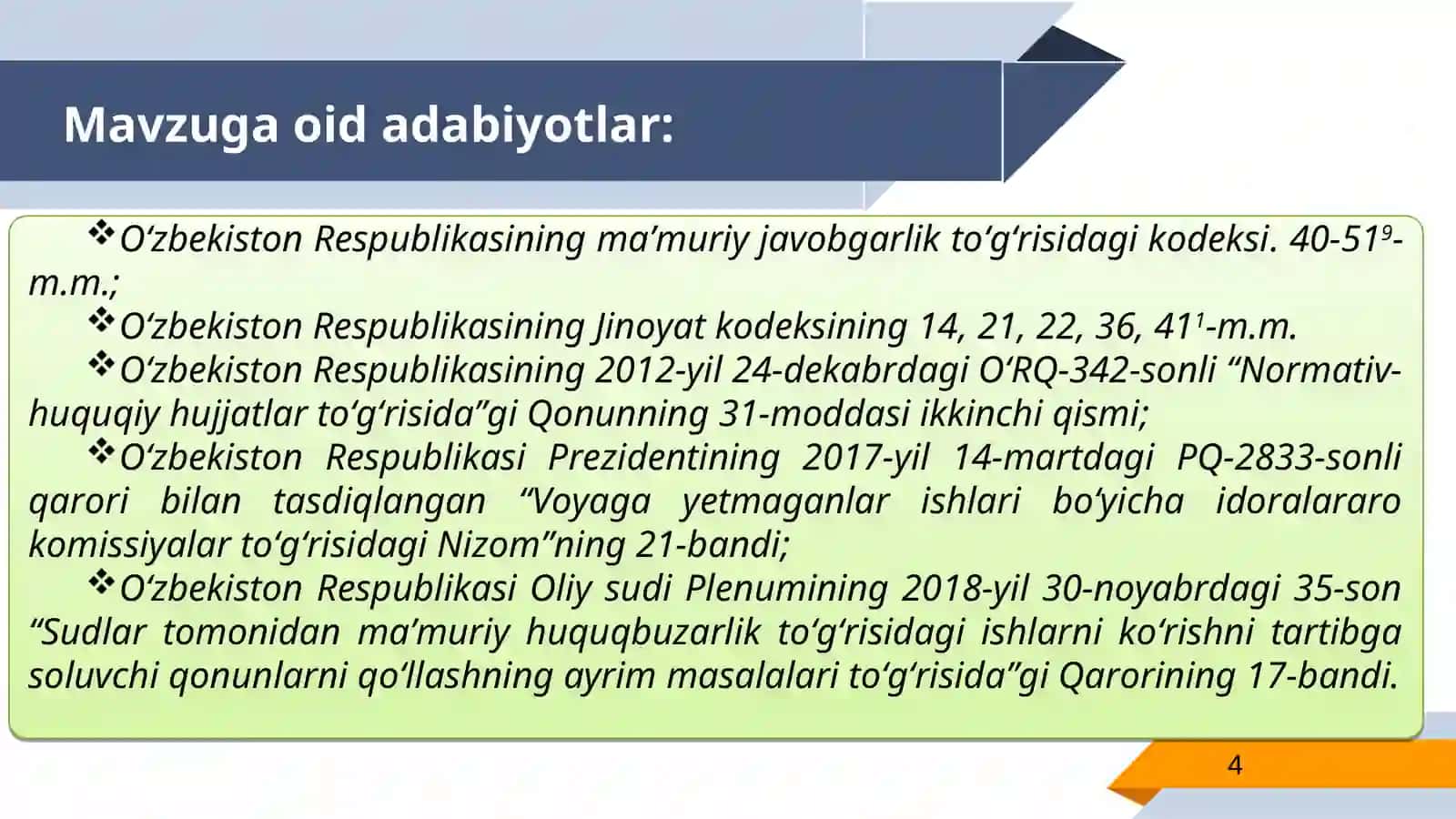 FUQAROLARNING HUQUQ VA ERKINLIKLARIGA TAJOVUZ QILADIGAN,SHUNINGDEK SAYLOV VA REFERENDUMNI TASHKIL ETISH HAMDA O‘TKAZISH SOHASIDAGIHUQUQBUZARLIKLAR UCHUN MA’MURIY JAVOBGARLIK 4