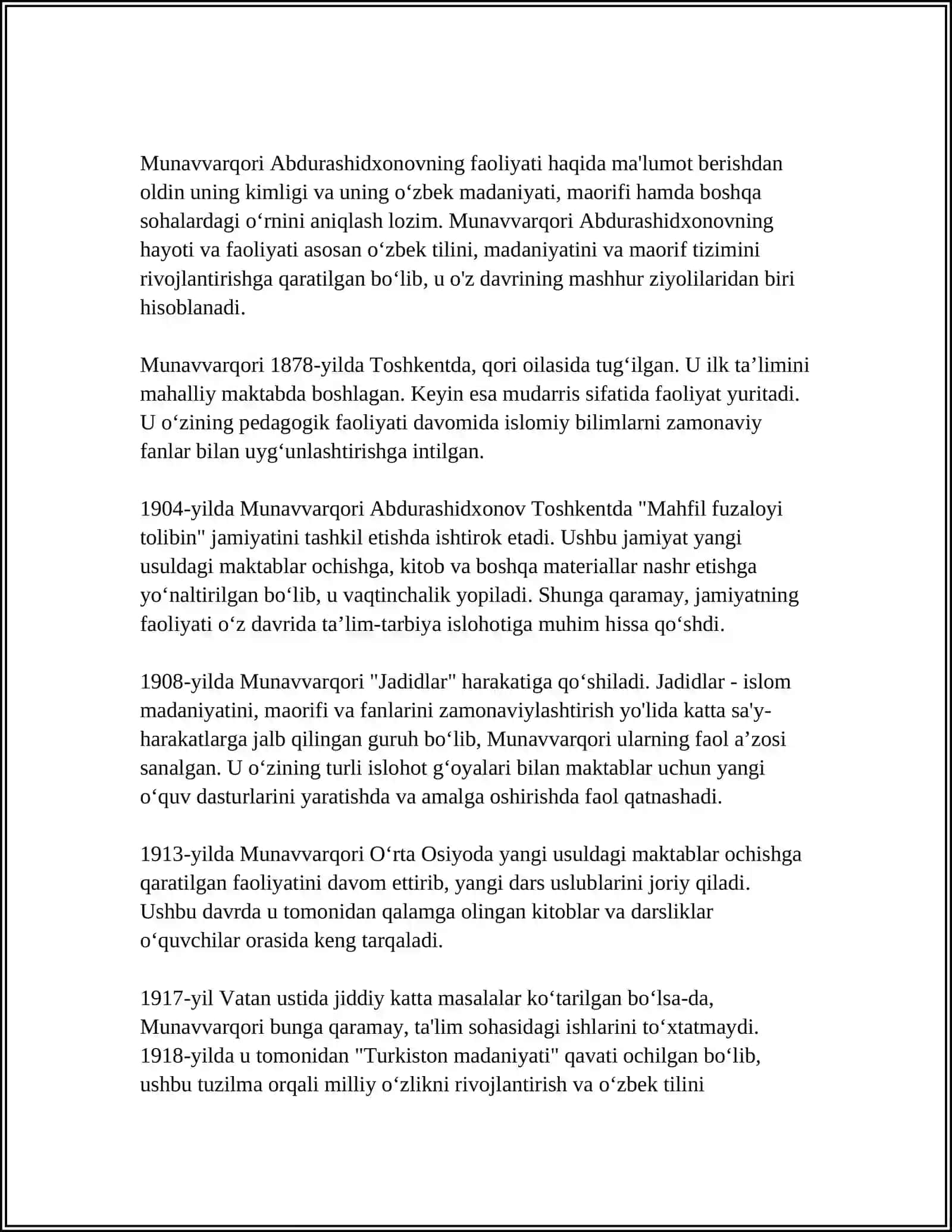 JADID MAʼRIFATPARVARLARINING OʻLKA IJTIMOIY-MAʼNAVIY HAYOTIDA TUTGAN OʻRNI(MUNAVVARQORI QORI,FITRAT,BEHBUDIY,AVLONIY) 4