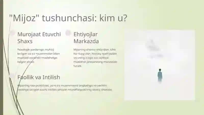 Psixologik maslahatda "Mijoz" va "Konsultant" tushunchalarining o'ziga xos jihatlari 4