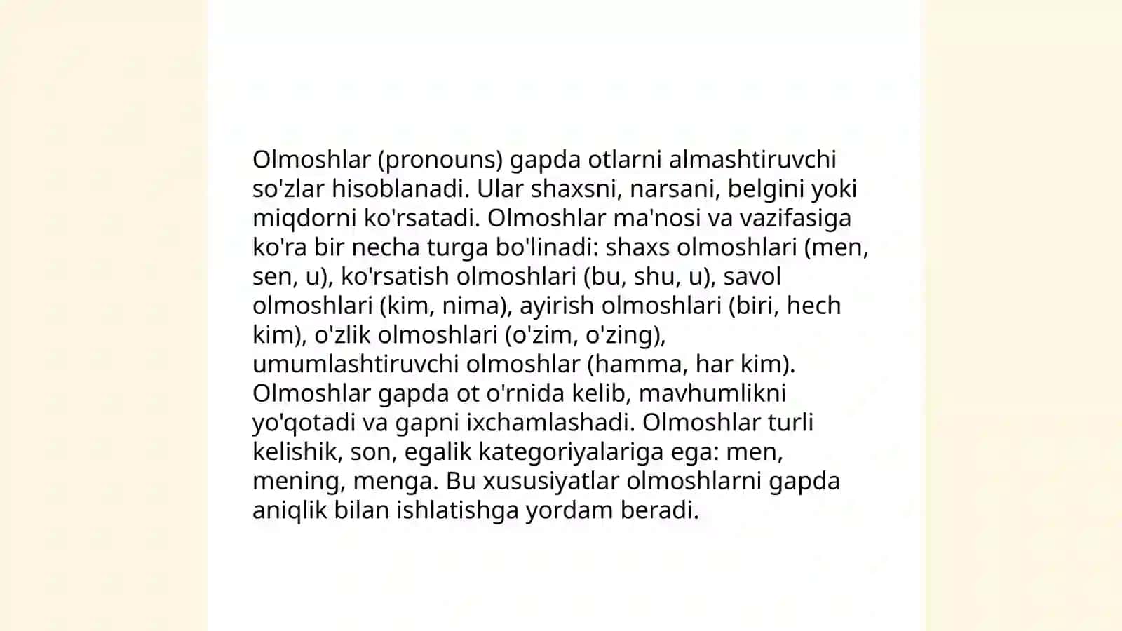 Olmoshning ta'rifi va grammatik xususiyatlari. Olmoshlarning ma'no jihatdan turlari 4