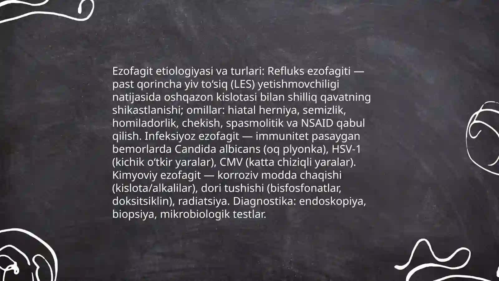 Oshqazon-ichak patologiyasi. Ezofagit.O'tkir va surunkali gastritlar. Yara kasalligi 4