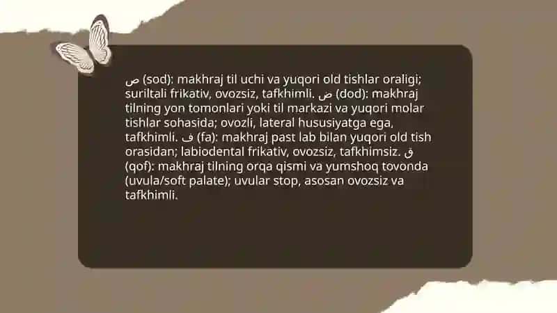 Arab alifbosidagi sod dod fa Qof harflarining oʼziga xosligi 4