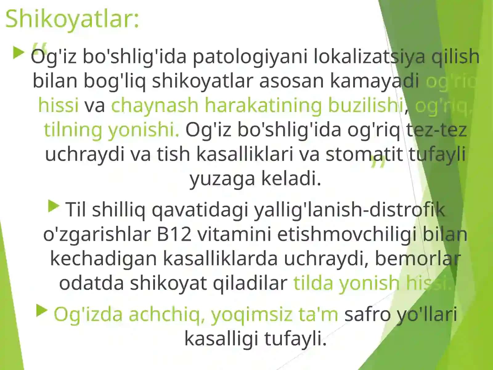 OVQAT HAZM QILISH TIZIMI KASALLIKLARI BO'LGAN BEMORLARNI SO'RAB SURISHTIRISH, TEKSHIRISH 4