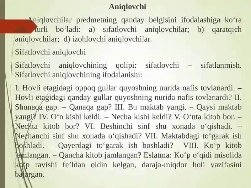 IKKINCHI DARAJALI BO‘LAKLAR. UYUSHIQ VA AJRATILGAN BO‘LAKLI GAPLAR, GAP BO‘LAKLARI BILAN ALOQAGA KIRISHMAYDIGAN BO‘LAKLAR 4