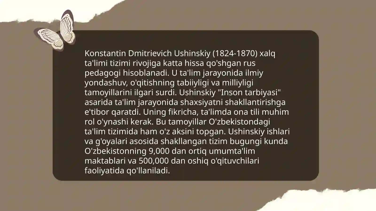 XIX asrning 2-yarimi - XX asrda jahon pedagogika fanining rivoji K.D.Ushinskiyning pedagogik merosi 4