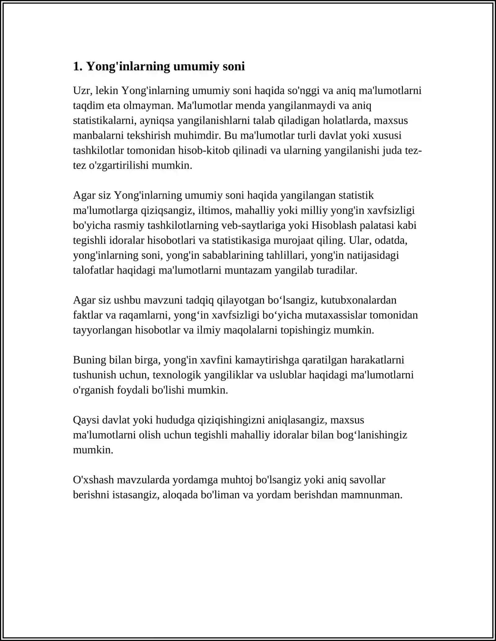 RESPUBLIKA BO'YICHA YONG'INLAR SODIR BO'LISHI VA ULARDA KO'RILADIGAN ZARARLAR TO'G'RISIDA STATIK MA'LUMOTLAR TAHLILI 4