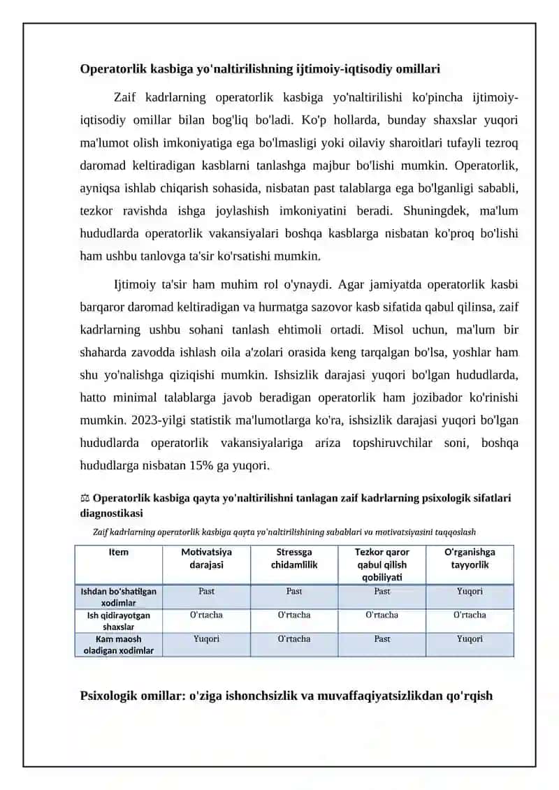 Malakali kadrlarni diagnostik qlsh operatorlik kasbin tanlash reorientatsya psixologk sifatda 4