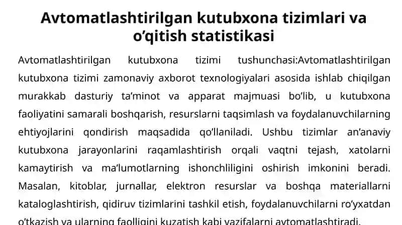 AVTOMATLASHTIRILGAN KUTUBXONA TIZIMLARIDA O’QITISH STATISTIKASINI VIZUAL TAHLIL QILISH IMKONIYATLARI 4