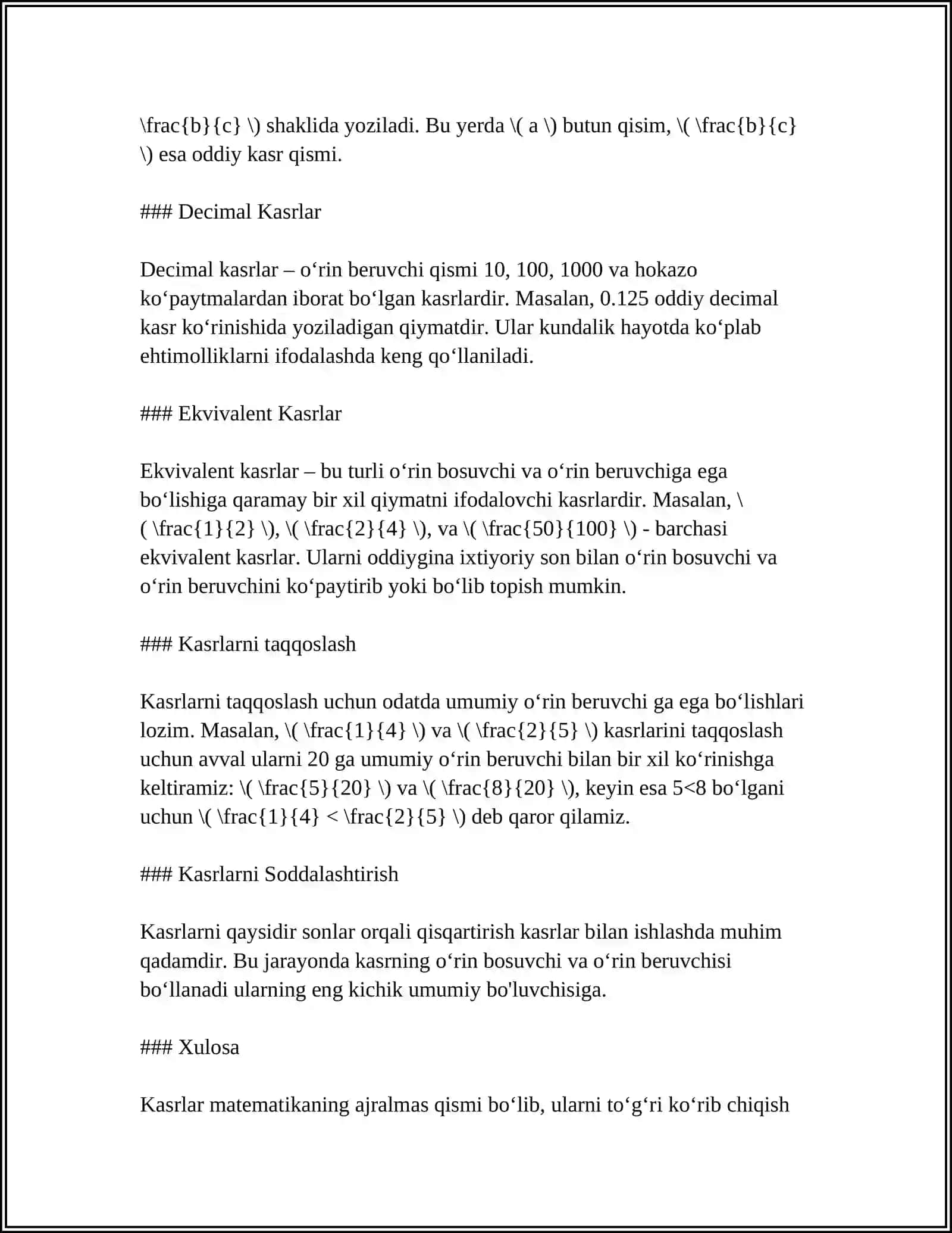 OʻNLI KASR VA ULARNING USTIDA ARIFMETIK AMALLARNI BAJARISH ALGORITMI 4