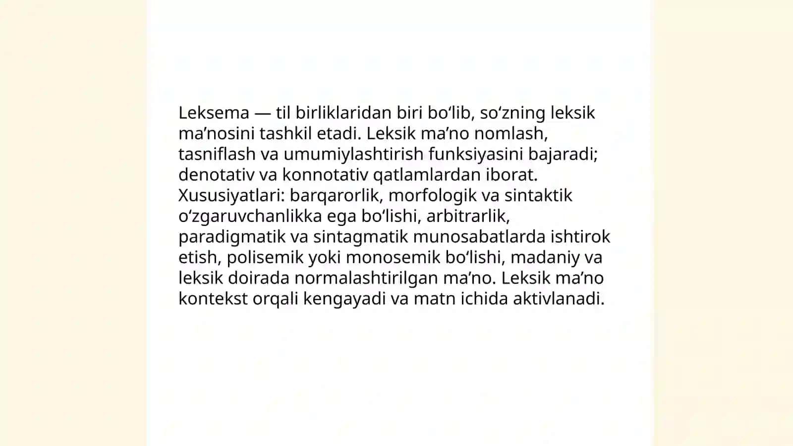 Leksemaning semantik tabiati; leksema va sememalar 4