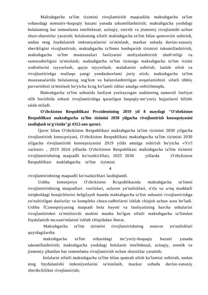 O'zbckiston Rcspublikasining "Maktabgacha (ta’1im va tarbiya to'gfcrisida"gi qonuni va tizimga oid me'yoriy hujjatlarning ma/mun-mohiyati. 4
