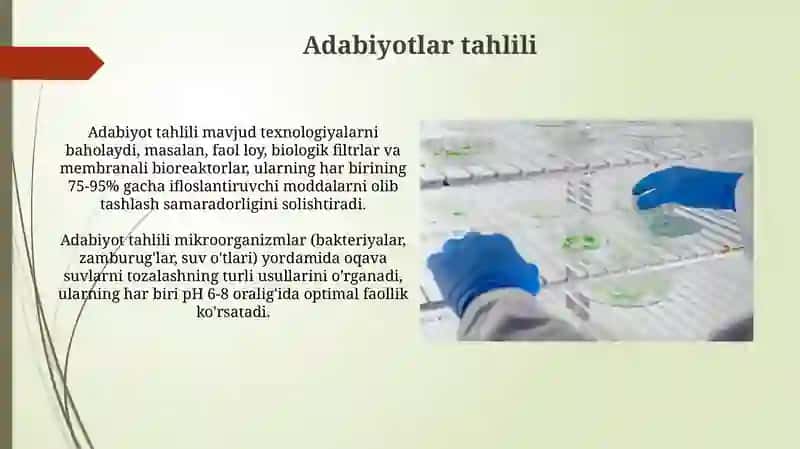 Oqava suvlarni mikroorganizmlar yordamida tozalash labaratoriya tajribasi 4