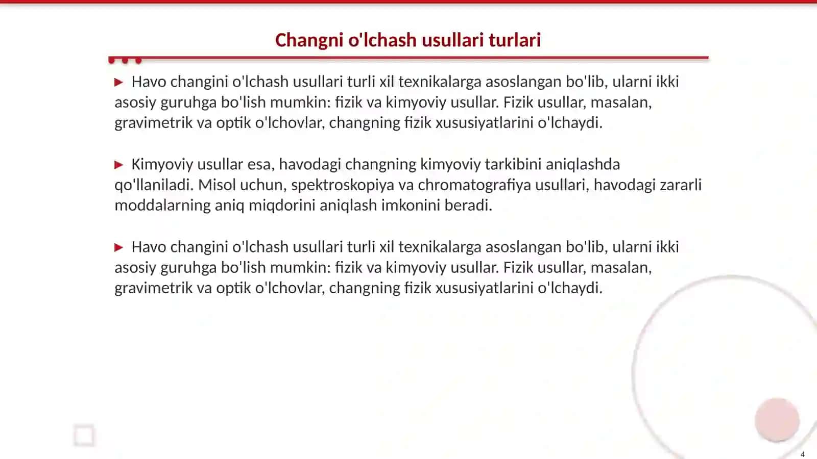 Changga qarshi kurash havo changini oʻlchash usullari 4