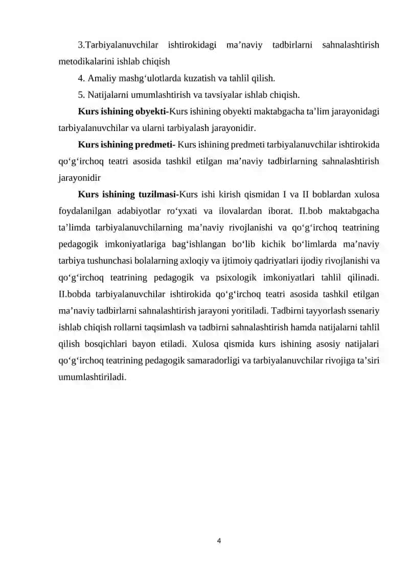MAKTABGACHA TA'LIM JARAYONIDA TARBIYALANUVCHILAR ISHTIROKIDA QO'G'IRCHOQ TEATRI ASOSIDA TASHKIL ETILGAN MA'NAVIY TADBIRLARNI SAHNALASHTIRISH.docx 4