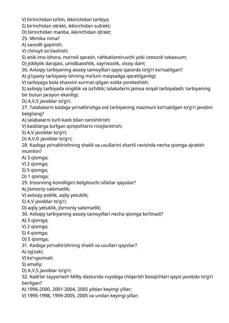 Tarbiyaviy ishlar metodikasi test savollari 4