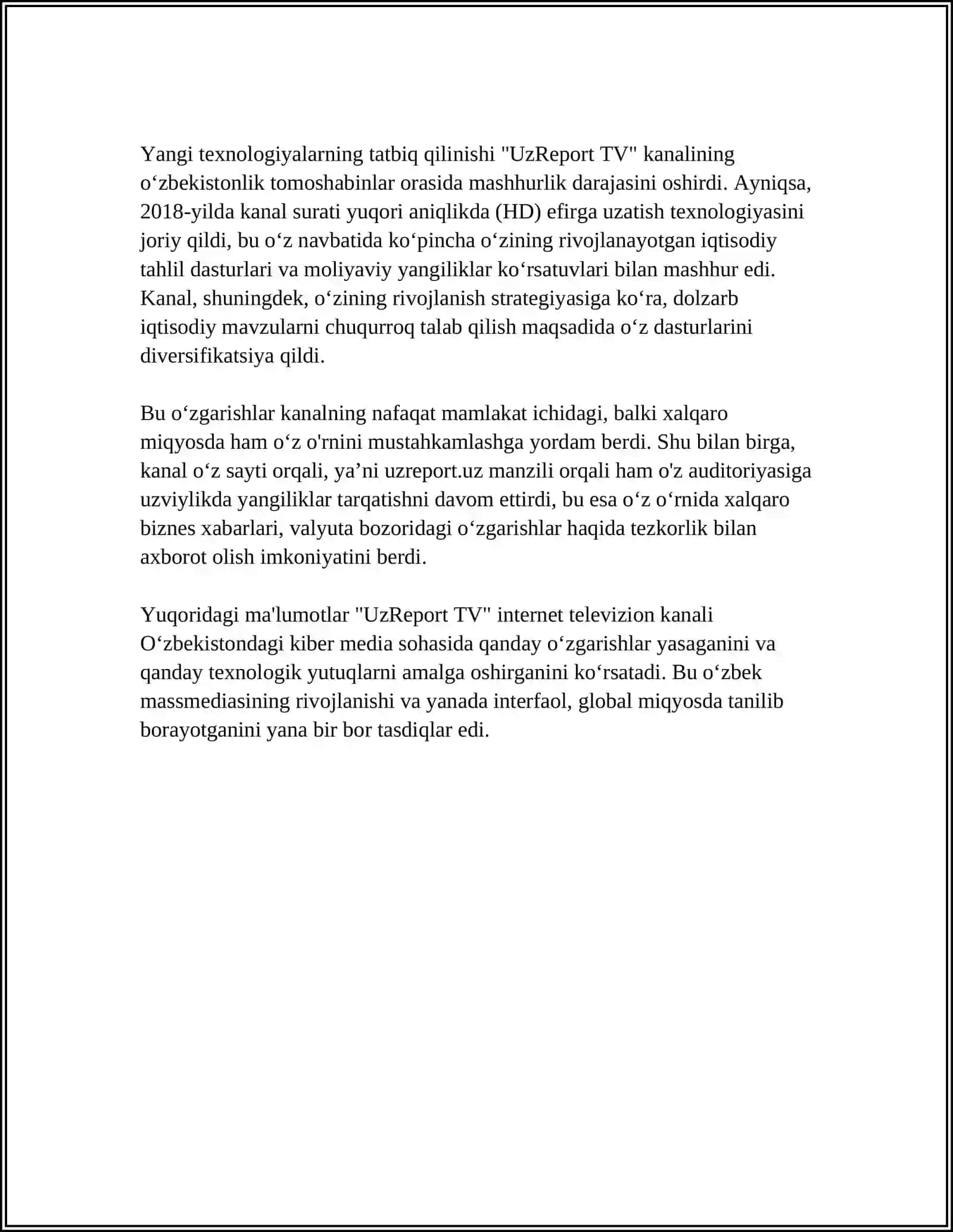 Oʻzbekistonda ilk internet televizion kanali 4