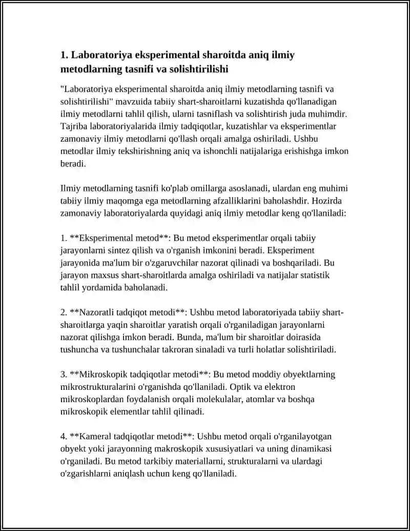 Laboratoriya eksperimental sharoitda aniq ilmiy metodlarning tasnifi va solishtirilishi 4