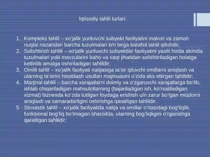 IQTISODIY TAHLIL TURLARI VA TAHLIL ISHLARINI TASHKIL QILISH 4