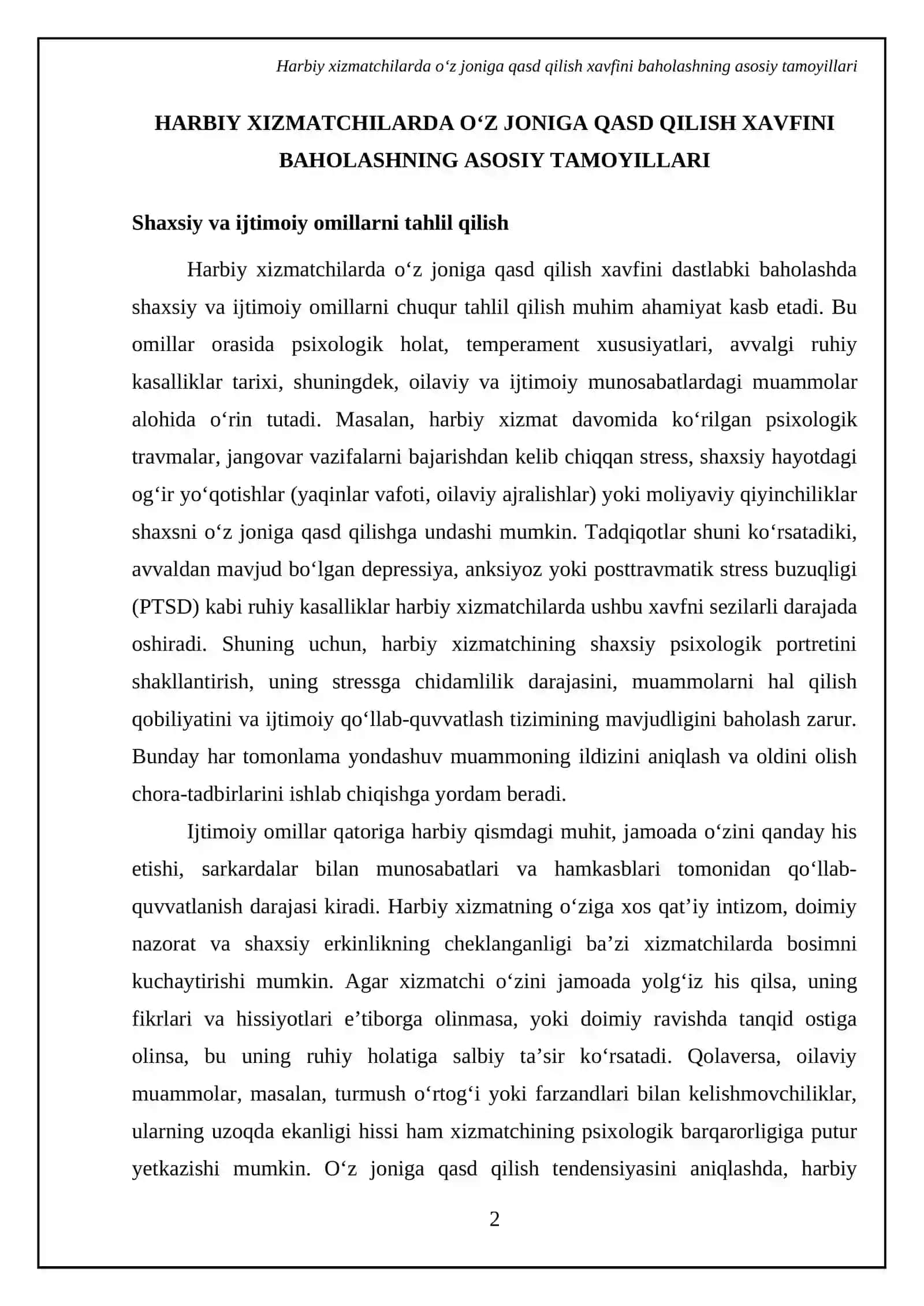 Harbiy xizmatchilarda oʻz joniga qasd qilish xavfini baholashning asosiy tamoyillari 4