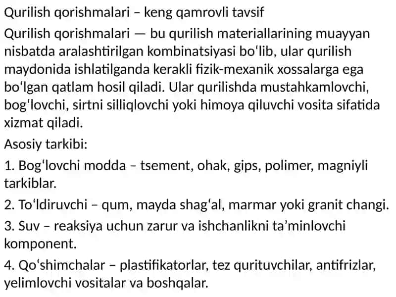 Qurilish qorishmalari uchun materiallar. 4