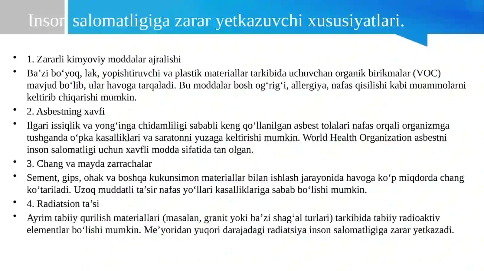 MUSTAQIL ISHQurilish materiallarining ba’zi bir salbiy xossalari 4
