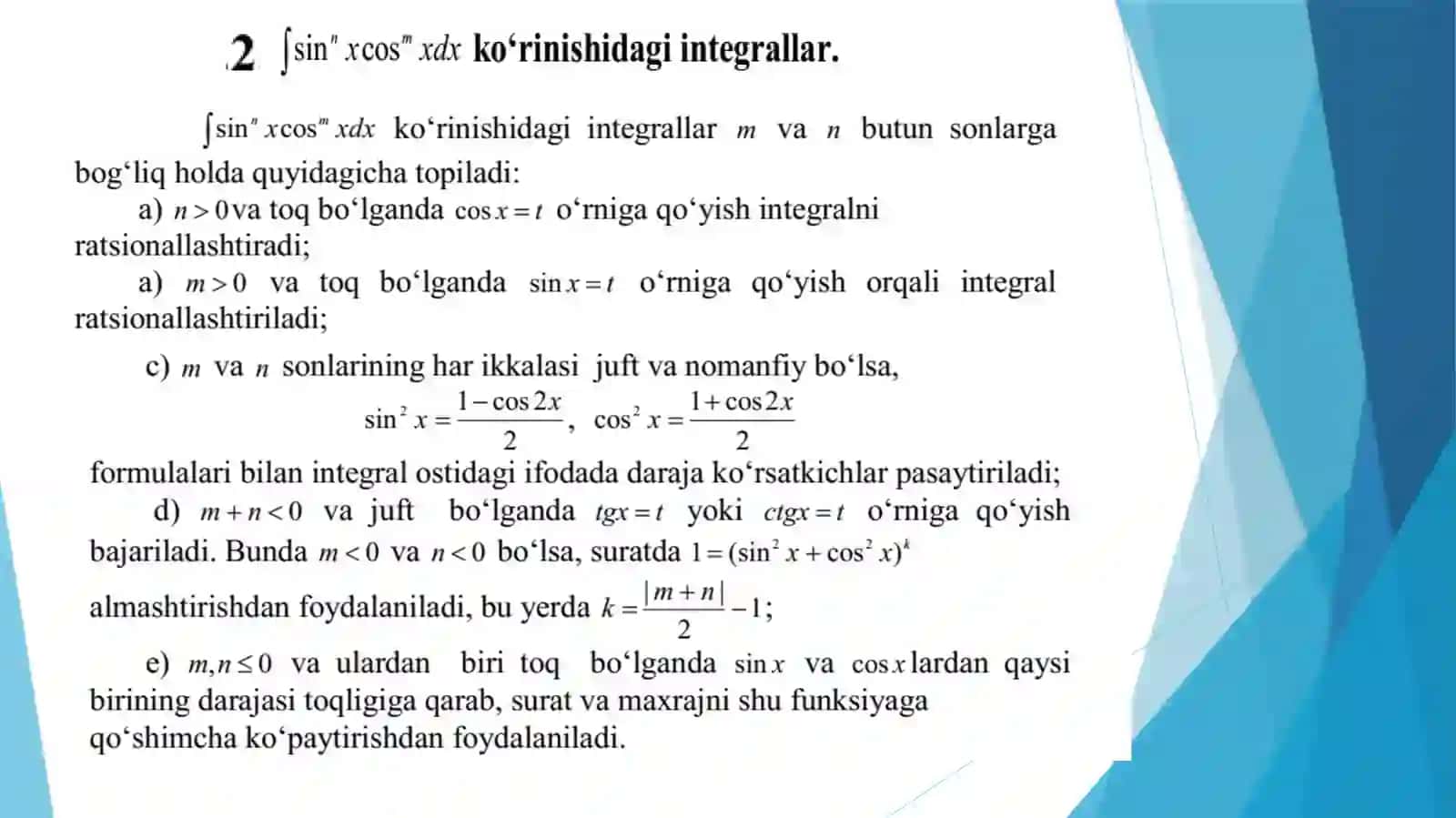 Trigonometrik funksiyalar qatnashgan ba’zi integrallarni integrallash 4