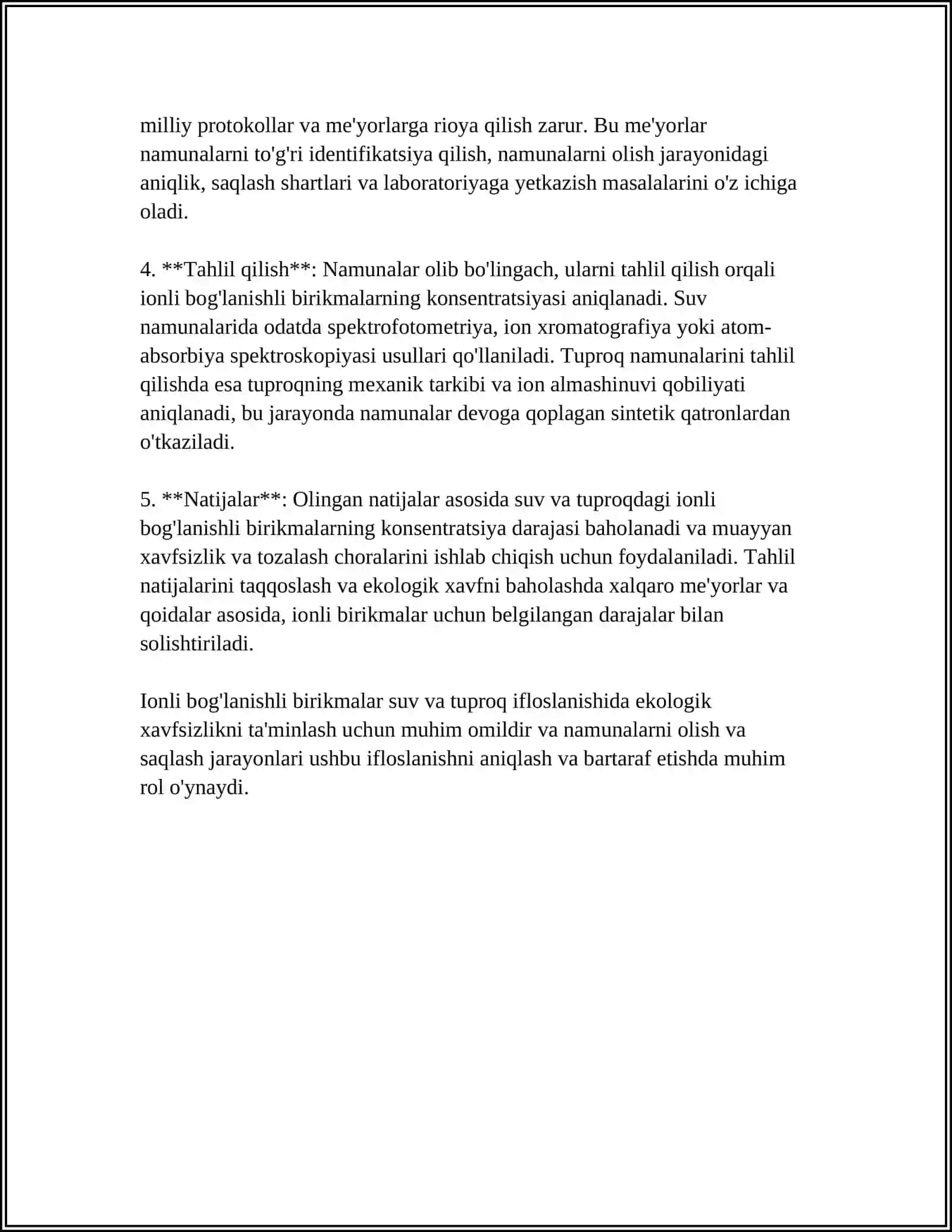 SUV VA TUPROQ IFLOSLANISHIDA IONLI BOGLANISHLI BIRIKMALARNI ANIQLAB TOZALASH USULARINI ISHLAB CHIQISH 4