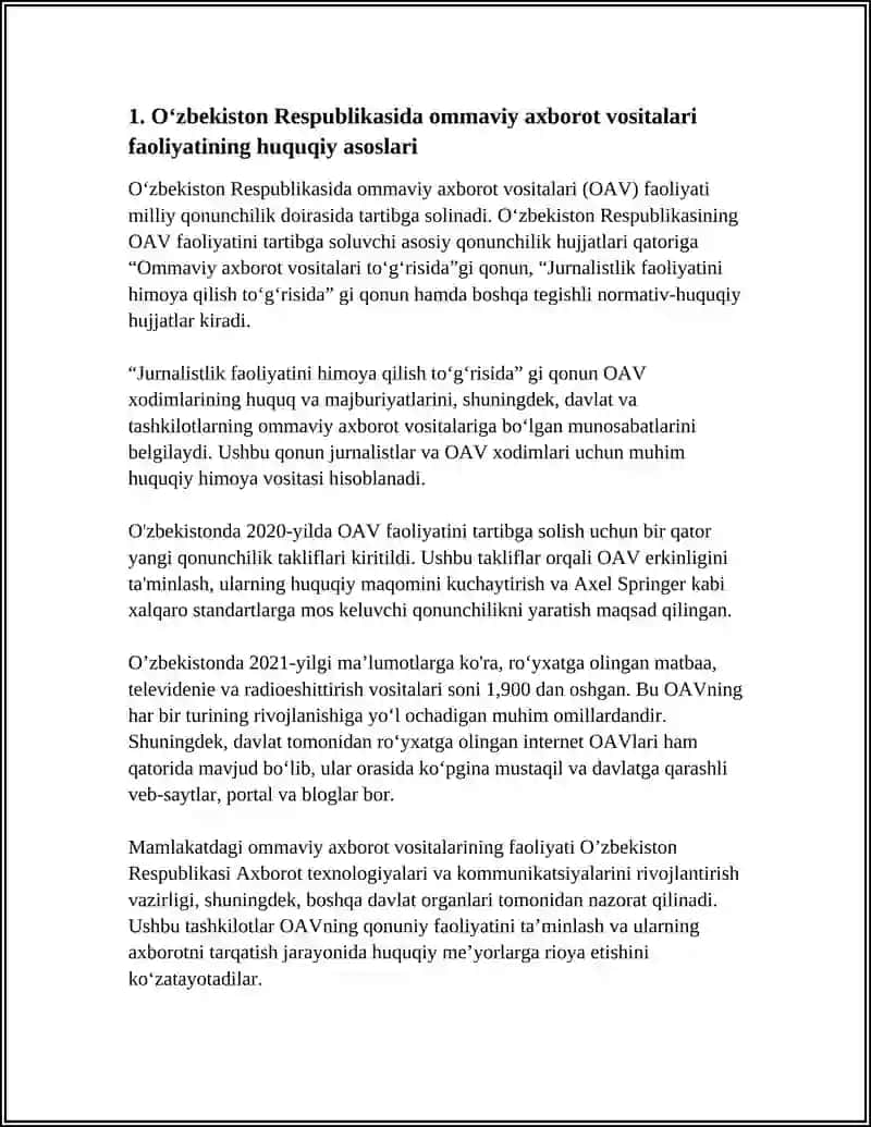 Oʻzbekiston Respublikasida Ommaviy Axborot Vositalari Faoliyati 4