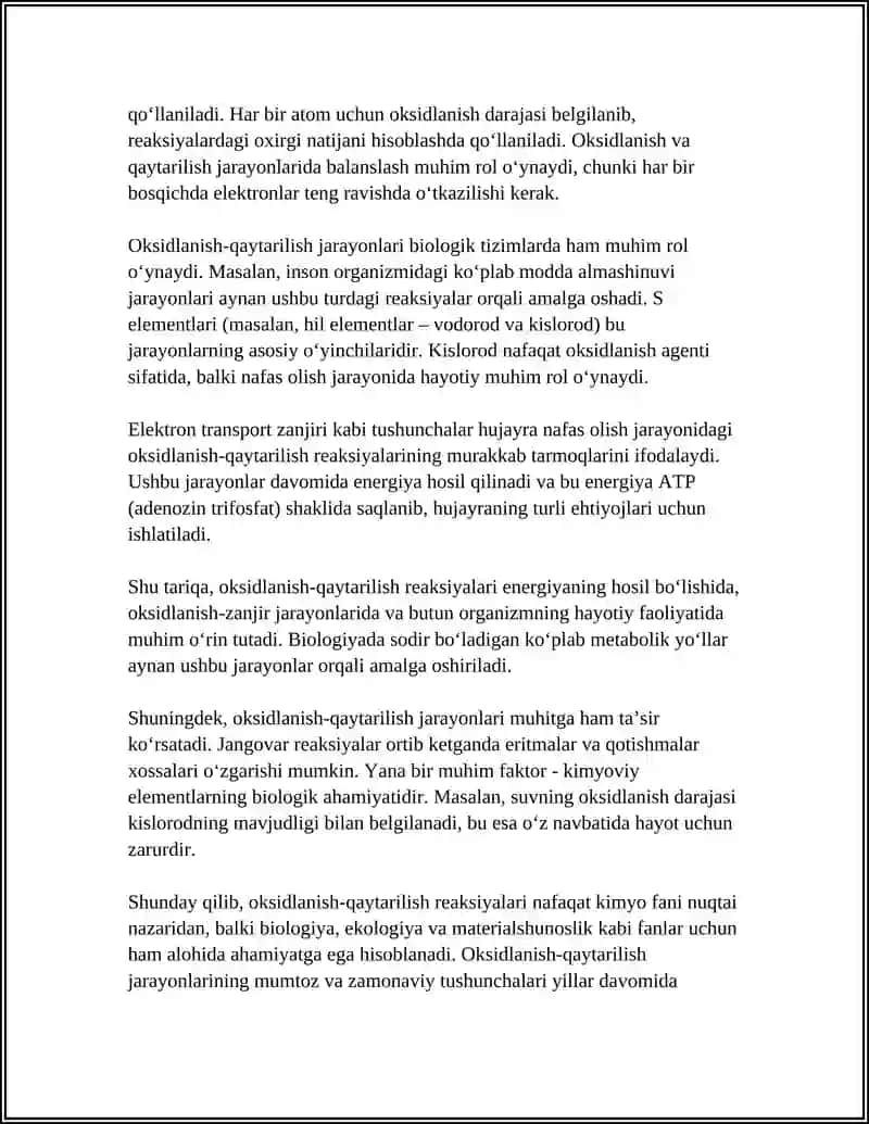 OKSIDLANISH QAYTARILISH REAKSIYALARI VA S ELEMENTLARNING BIOLOGIK AHIYATI 4