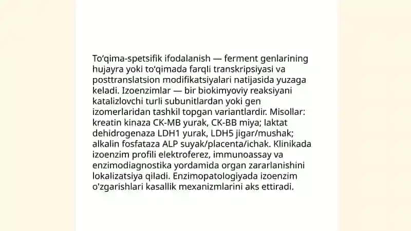 Organospetsifik fermentlar, ularni roli. Enzimopatologiya. Enzimodiagnostika 4