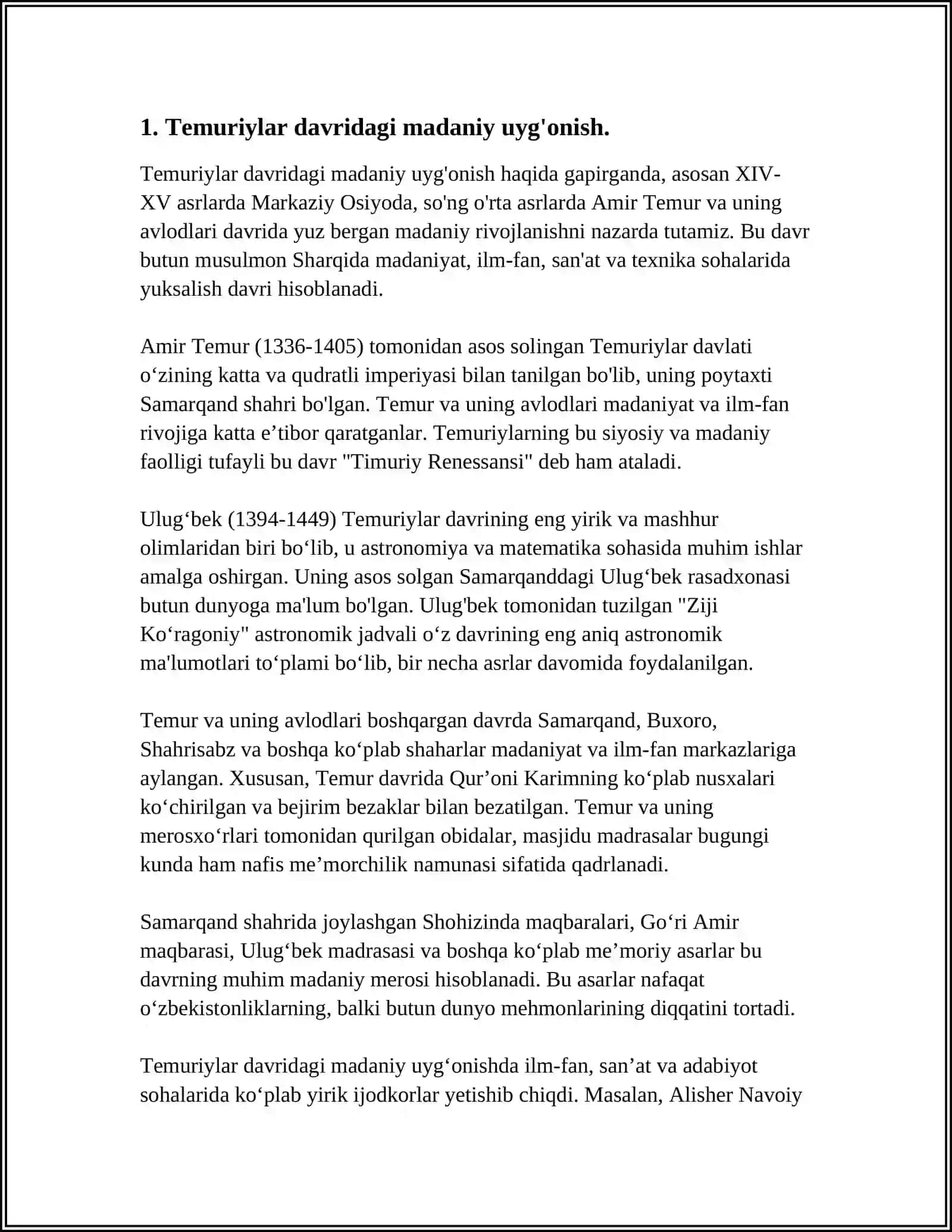 IX-XII ASRLARDA MAMLAKATIMIZ HUDUDIDA RO'Y BERGAN MADANIY UYG'ONISH (RENESSANS). BUYUK ALLOMALARNING JAHON SIVILIZATSIYASIGA QO'SHGAN HISSASI MAVZUGA OID VIDEO MATERIALLAR TAYYORLASH 4