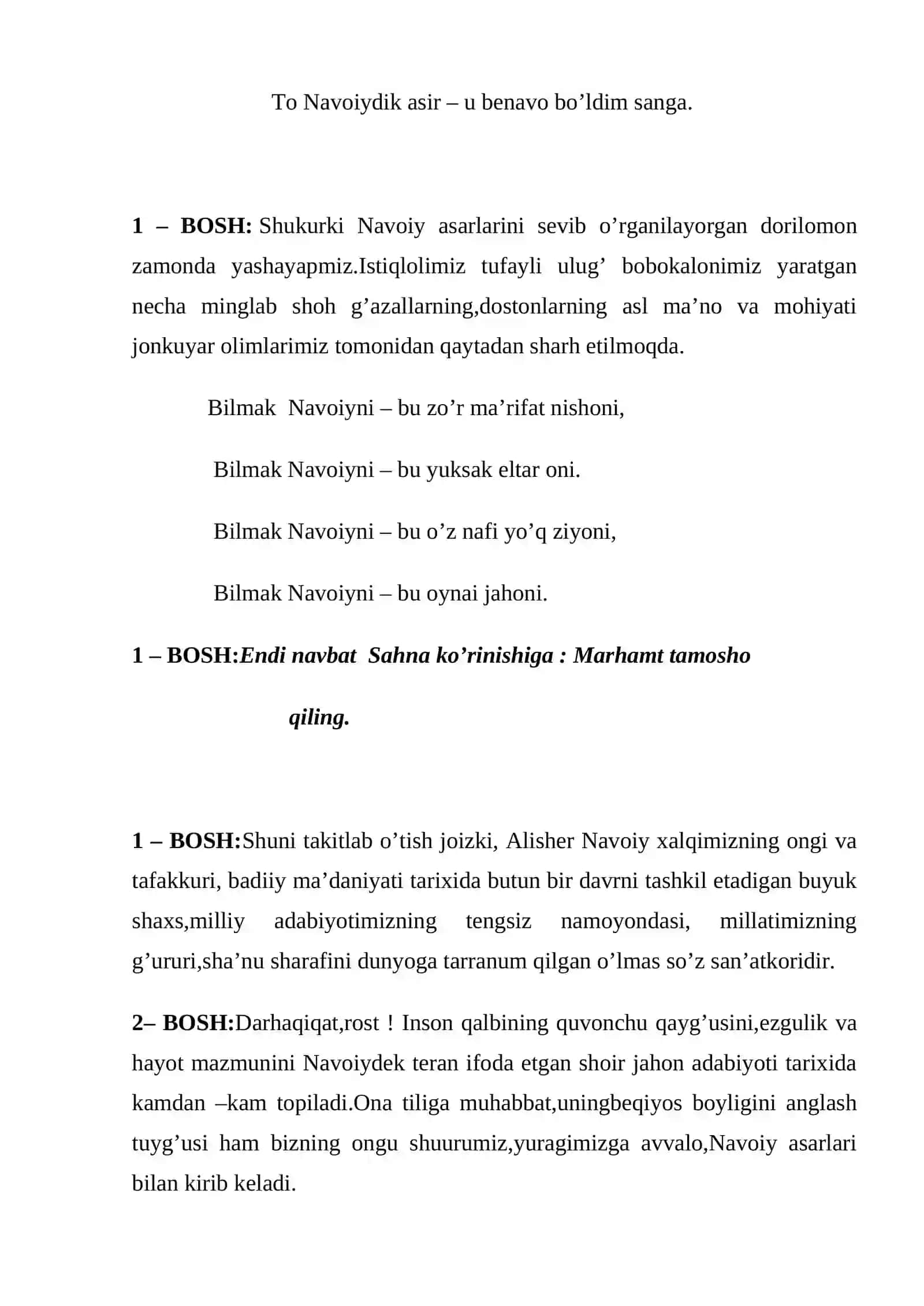 Alisher Navoiy tavalludiga tadbirlar ssenariysi 4