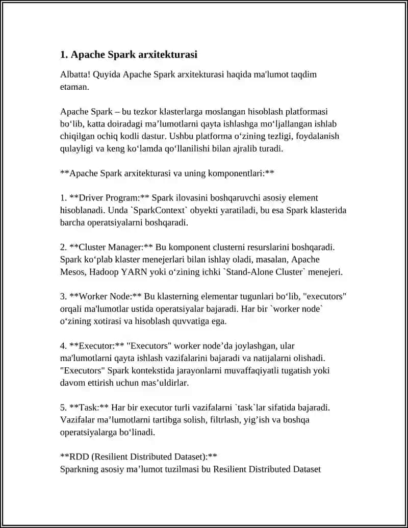 Apache SPARK KEYINGI AVLOD BIG DATA FRAMEWORK MAVZUSIDA MUSTAQIL ISH 4