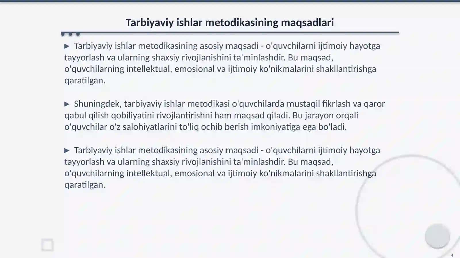 Tarbiyaviy ishlar metodikasi fanining maqsad va vazifalari 4