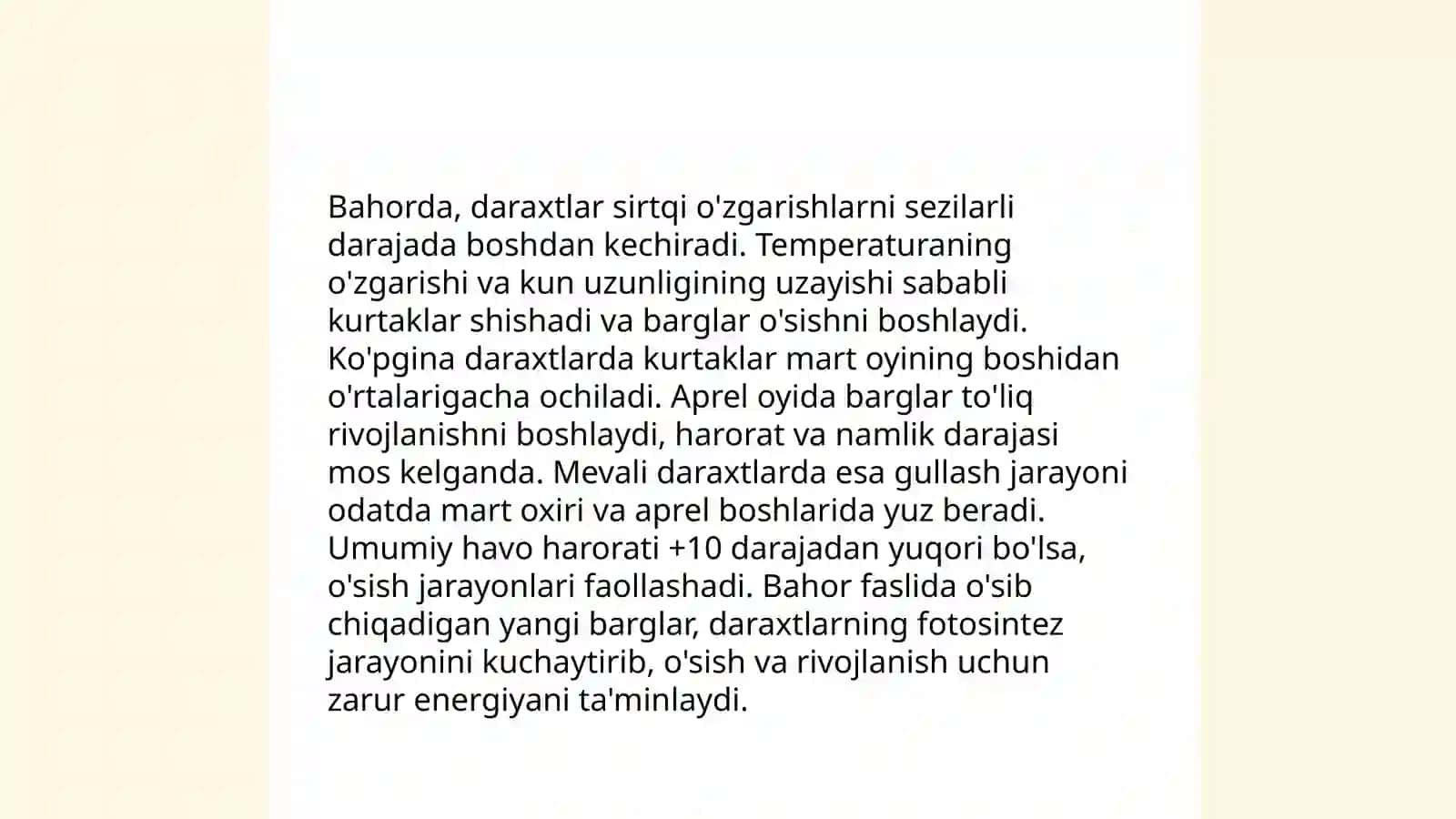 Bahorda daraxtlarni uygʻonishi, hayvonlar va hasharotlar haqida suhbat 4
