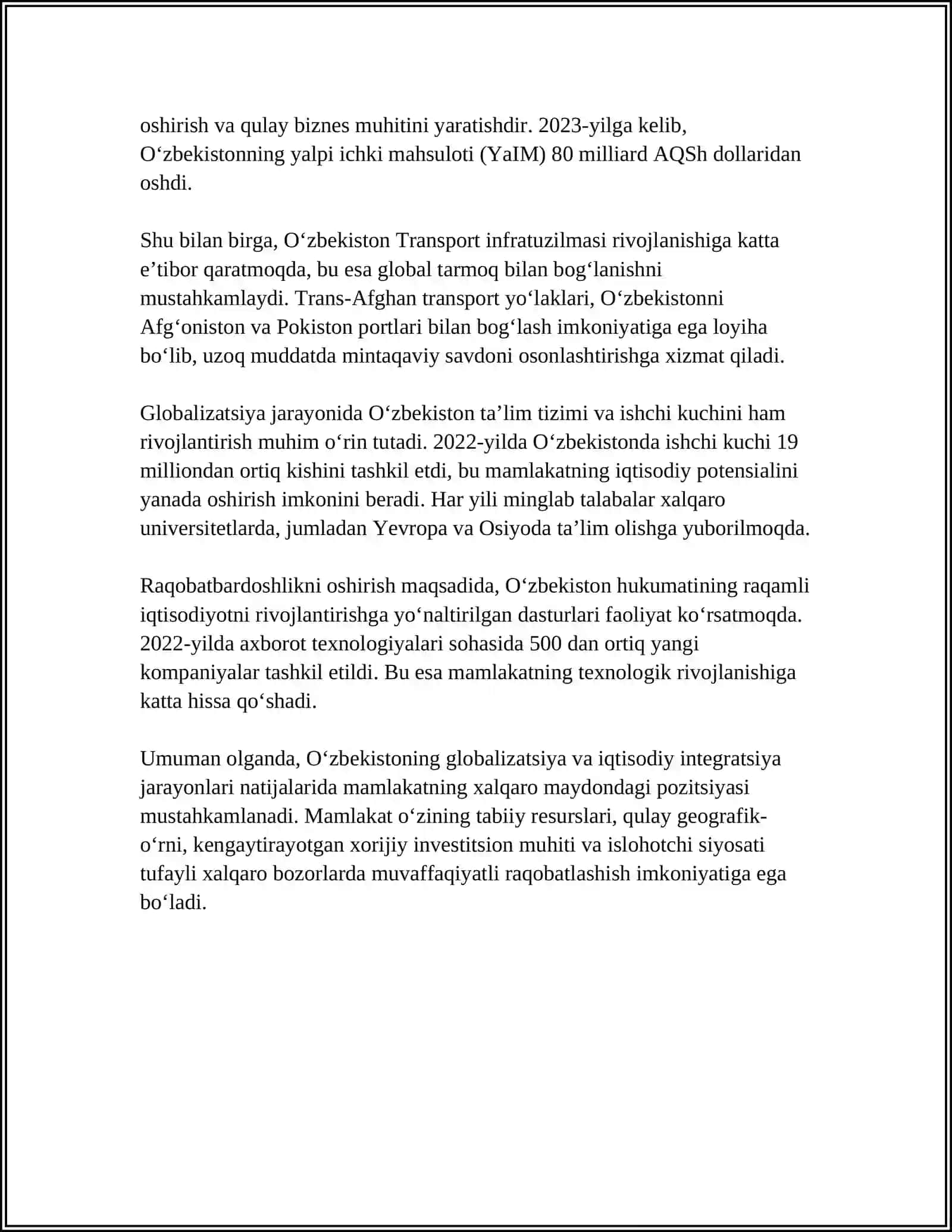GLOBALLASHUVNING O‘ZBEKISTON IQTISODIYOTI RIVOJLANISHIGA TA’SIRI 4