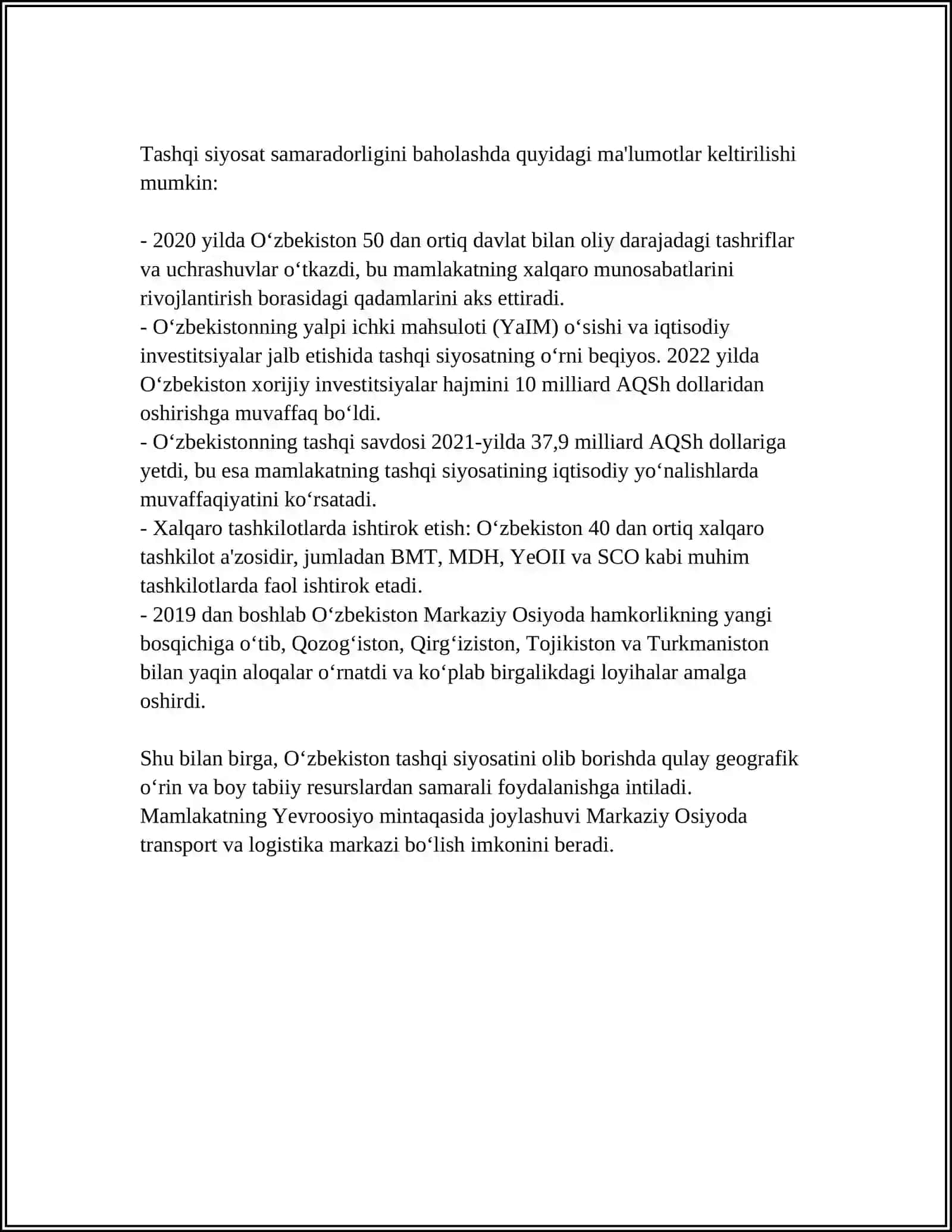 Tashqi siyosat tushunchasi va O'zbekistonning xalqaro munosabatlardagi o'rni 4