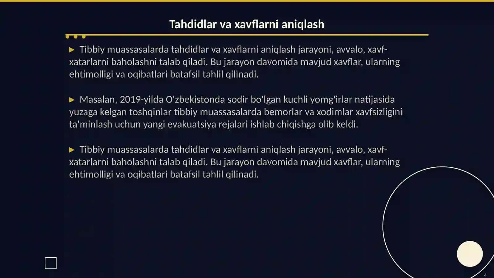 Favqulodda vaziyatlar xavfi tugʻilganda va sodir boʻlganda tibbiy muassasalarni evakuatsiya rejasini tuzish 4