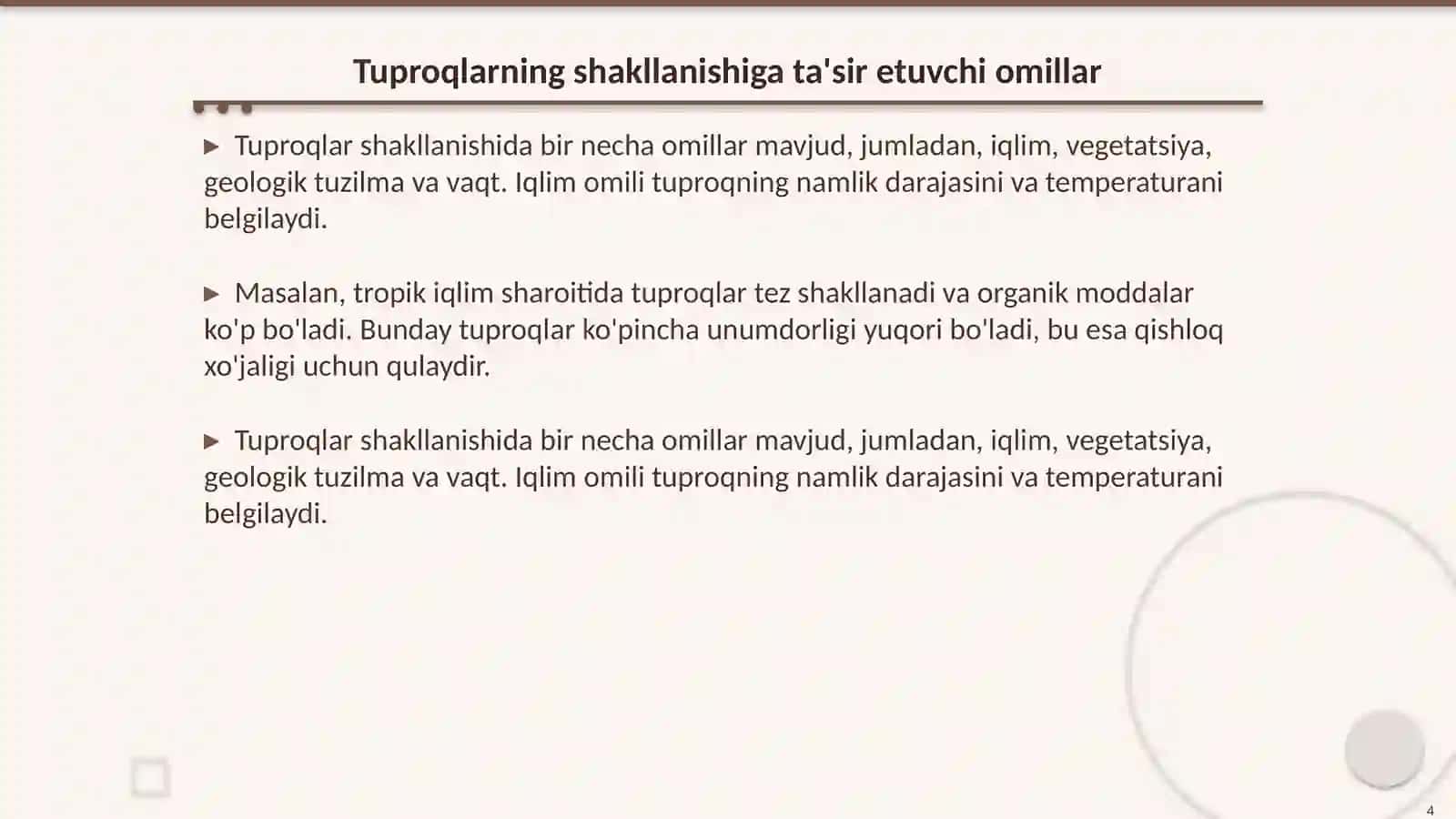 Tuproqlar geografik tarqalishining asosiy qonuniyatlari. Tuproq- geografik rayonlashtirish 4