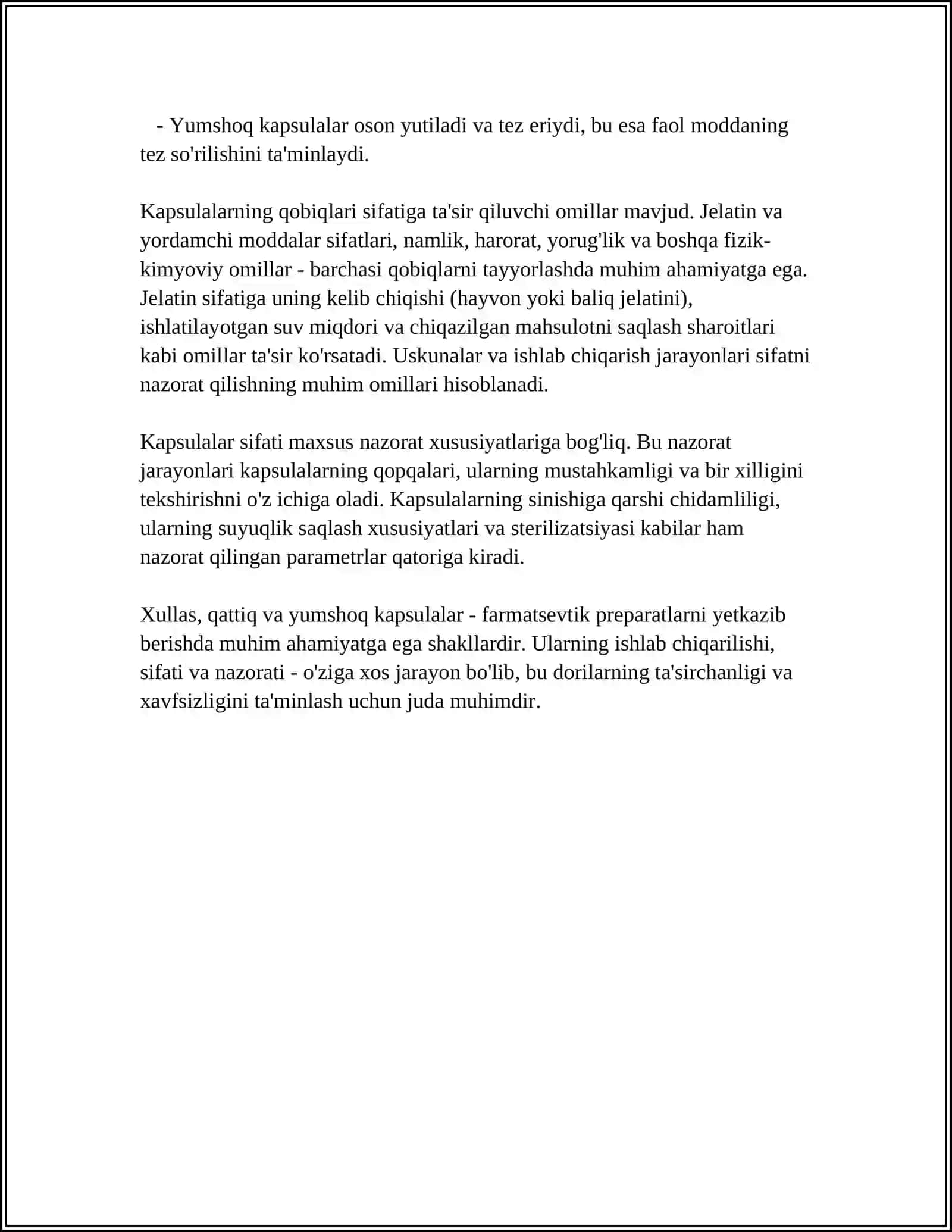 KAPSULALAR. ASBOB-USKUNALAR. JELATIN QOBIG'INING SIFATIGA TA'SIR QILUVCHI OMILLAR. KAPSÜL SIFATINI NAZORAT QILISH 4