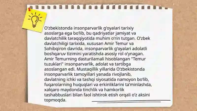 Oʻzbekistonda xalqchil va insonparvar davlat qurishning ijtimoiy siyosiy ahamiyati mavzusida tarixdan 4