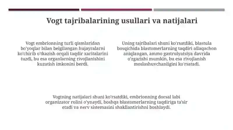 V. Vogtning blastomerlarning ayrim turlaridan organlar shakllanishini aniqlash bo'yicha tajribalari 4